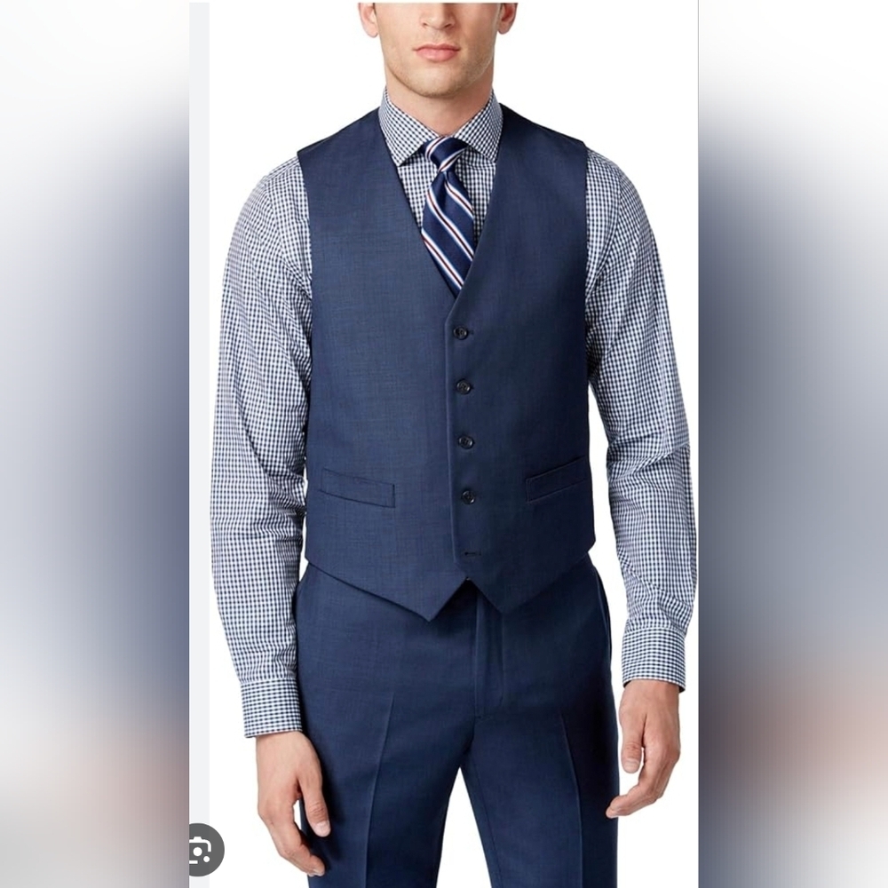 Tommy Hilfiger Sharkskin Slim Fit 100% Wool Navy Suit Vest Size M